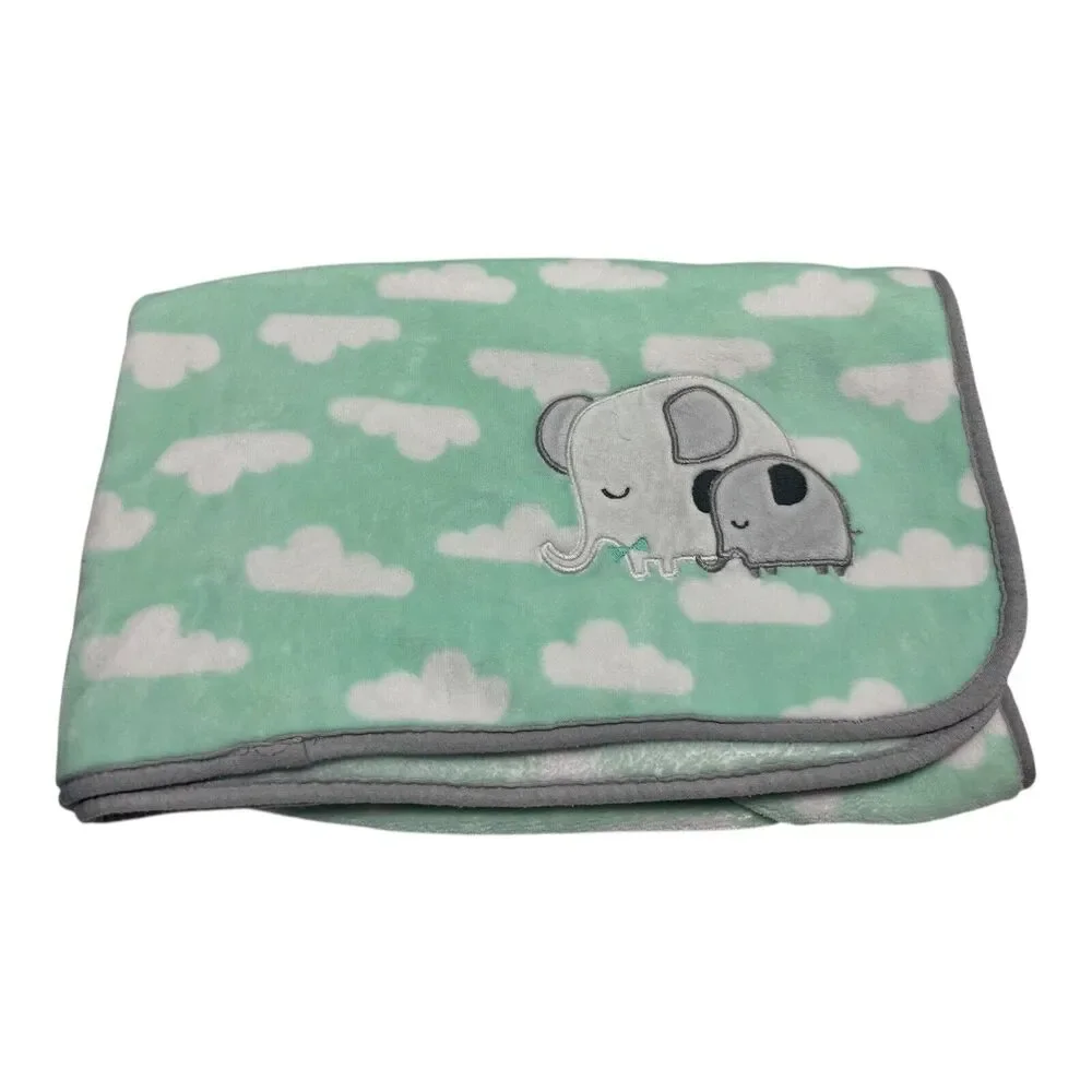 Cloud Island Elephant Baby Blanket Green Grey Trim Clouds Plush Lovey Mom Baby